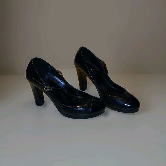Ralph Lauren Black Patent Leather Size 6 Mary Jane Heels 4" Preppy Coquette - Picture 2 of 7